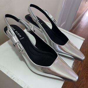 Anne Klein Metallic Silver Pointed Slingback Pumps